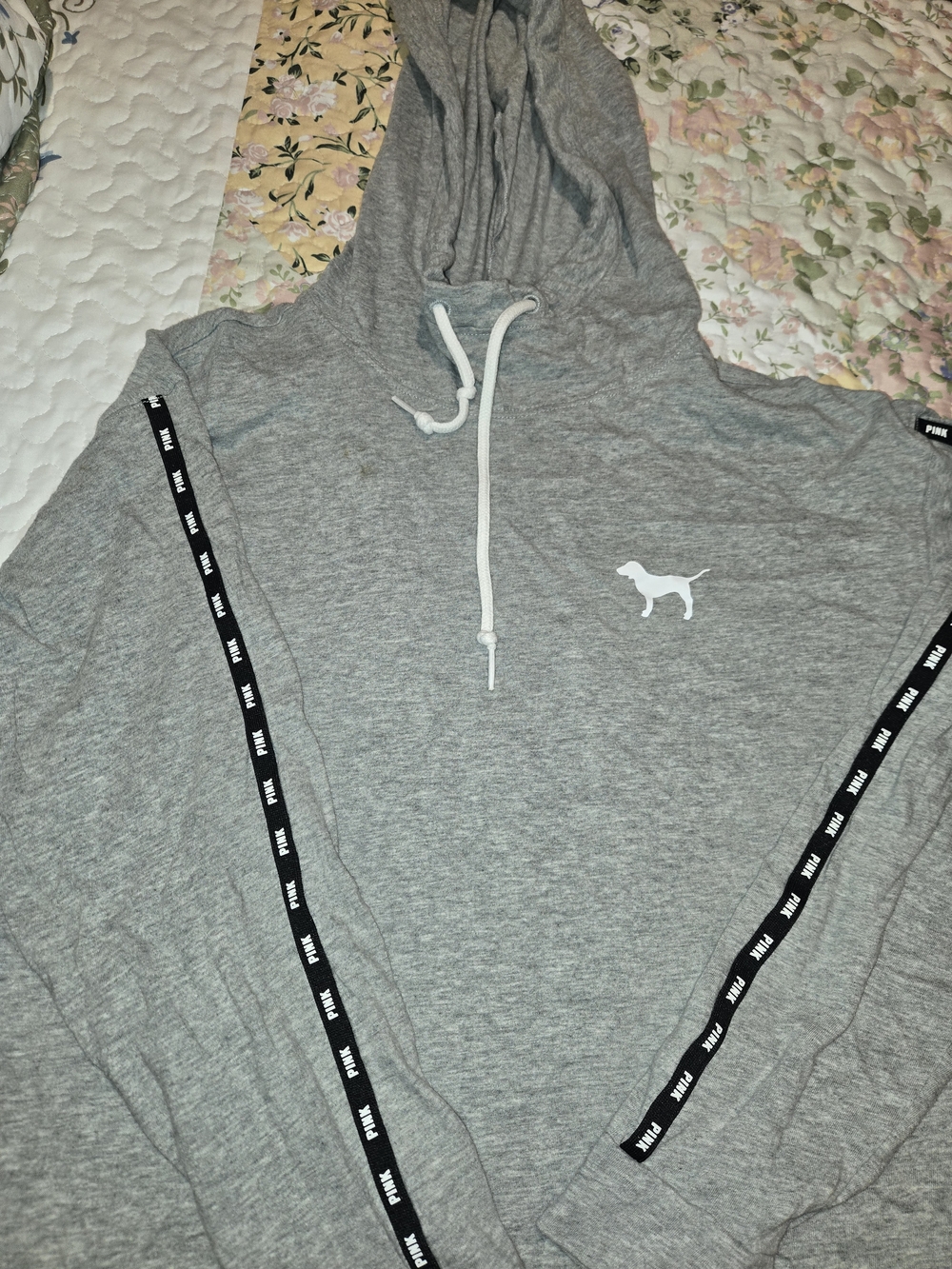 PINK Victoria's Secret Gray Hooded Sweatshirt with Logo Tape